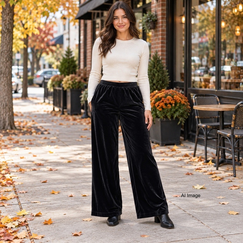 Velvet Wide Leg Pants Womens Medium Pull On Black BCBG Azria USA Party Holiday